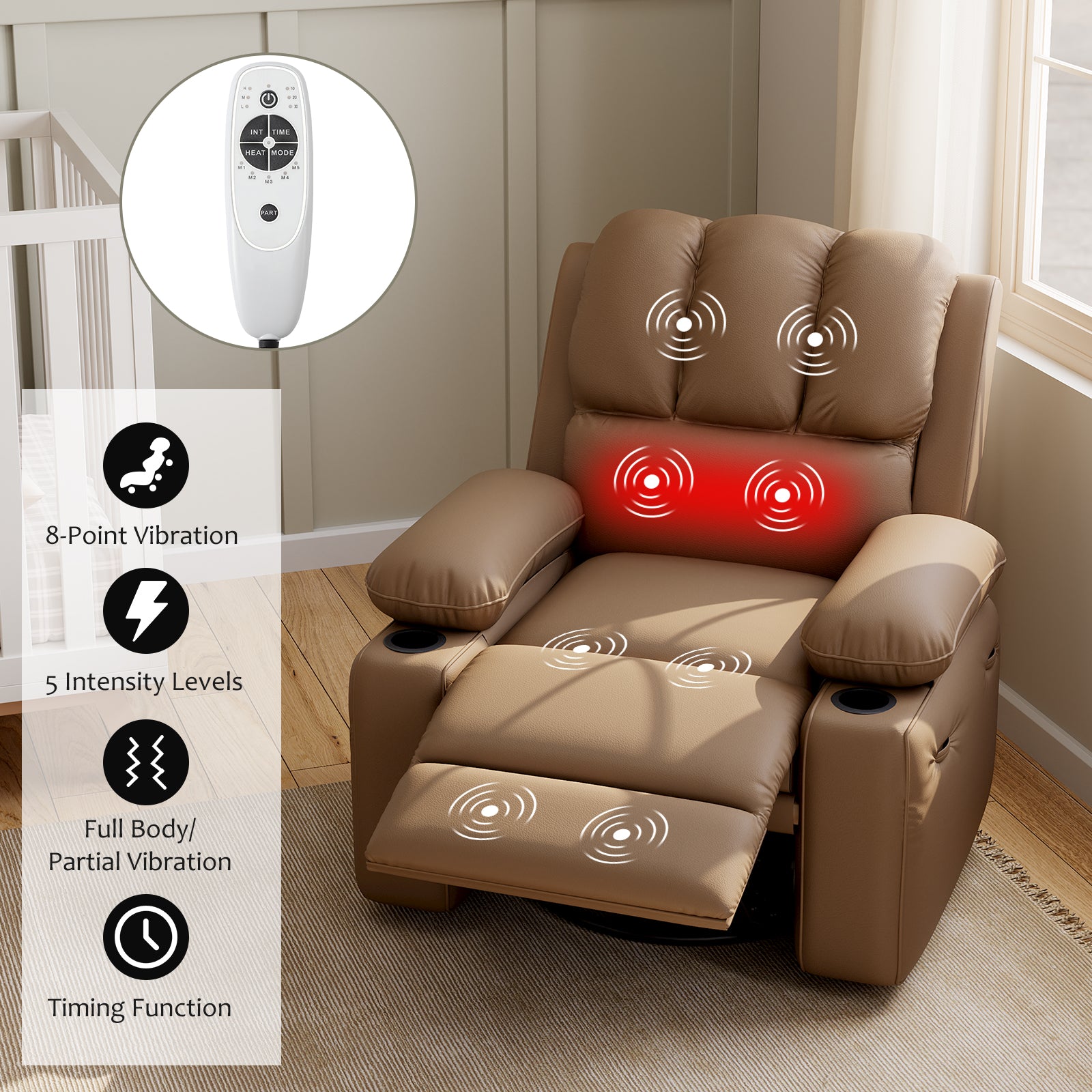 Garvee 27” Width Electric Power Oversized Rocker Swivel Recliner Chair, USB Charger Lazy Boy for Adults, w/ Vibrating Massage and Heating, 1.5x Sponge Filling for Living Room, Bedroom and Nursery