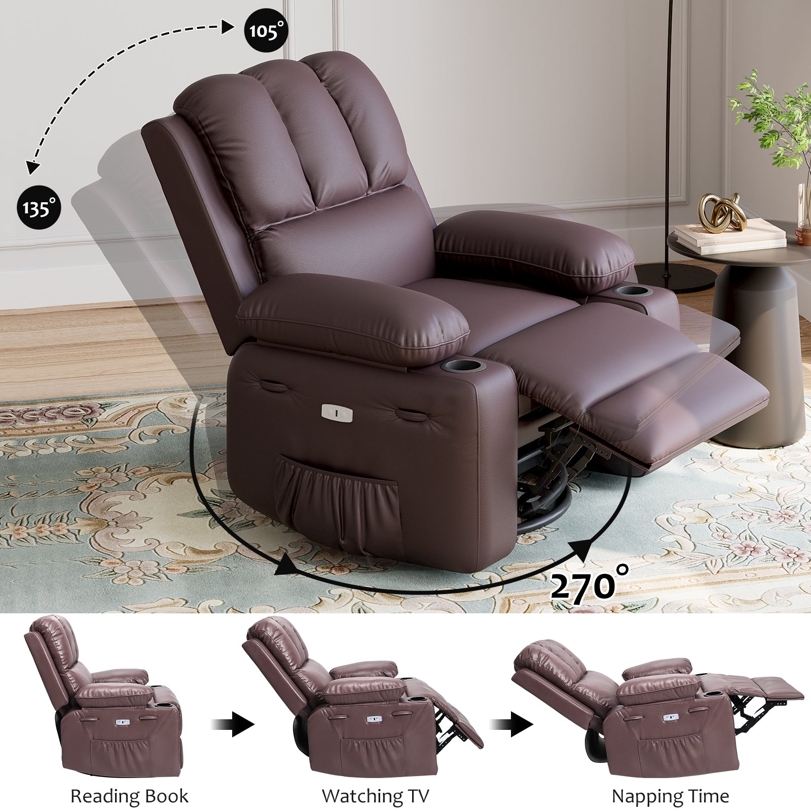 Garvee 27" Width Electric Power Oversized Rocker Swivel Recliner Chair, USB Charger Lazy Boy for Adults, w/Vibrating Massage and Heating, 1.5X Sponge Filling for Living Room, Bedroom and Nursery