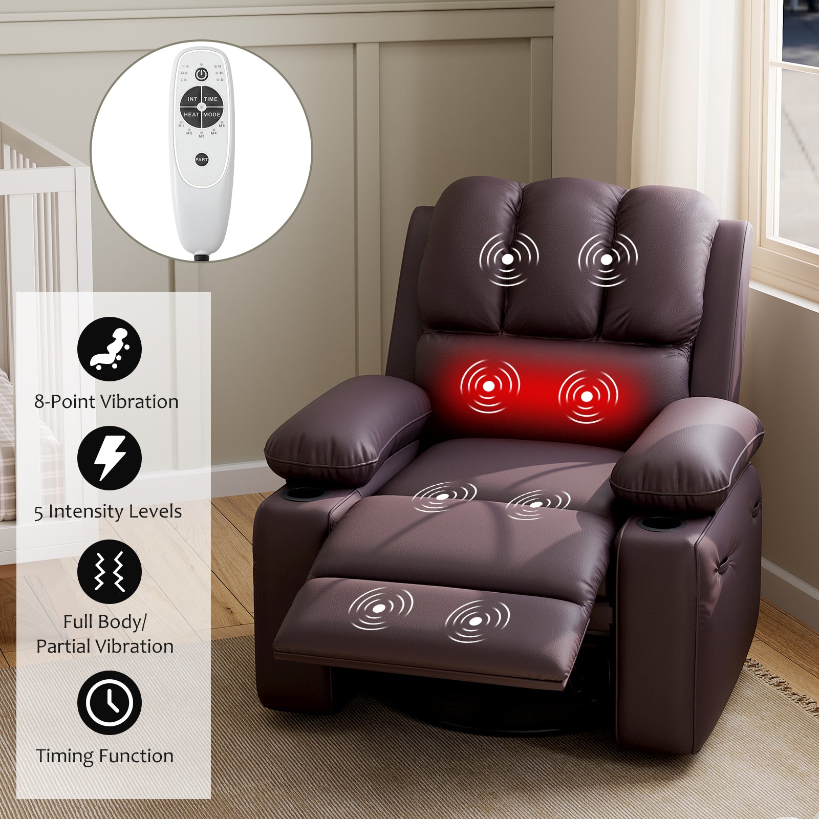 Garvee 27" Width Electric Power Oversized Rocker Swivel Recliner Chair, USB Charger Lazy Boy for Adults, w/Vibrating Massage and Heating, 1.5X Sponge Filling for Living Room, Bedroom and Nursery