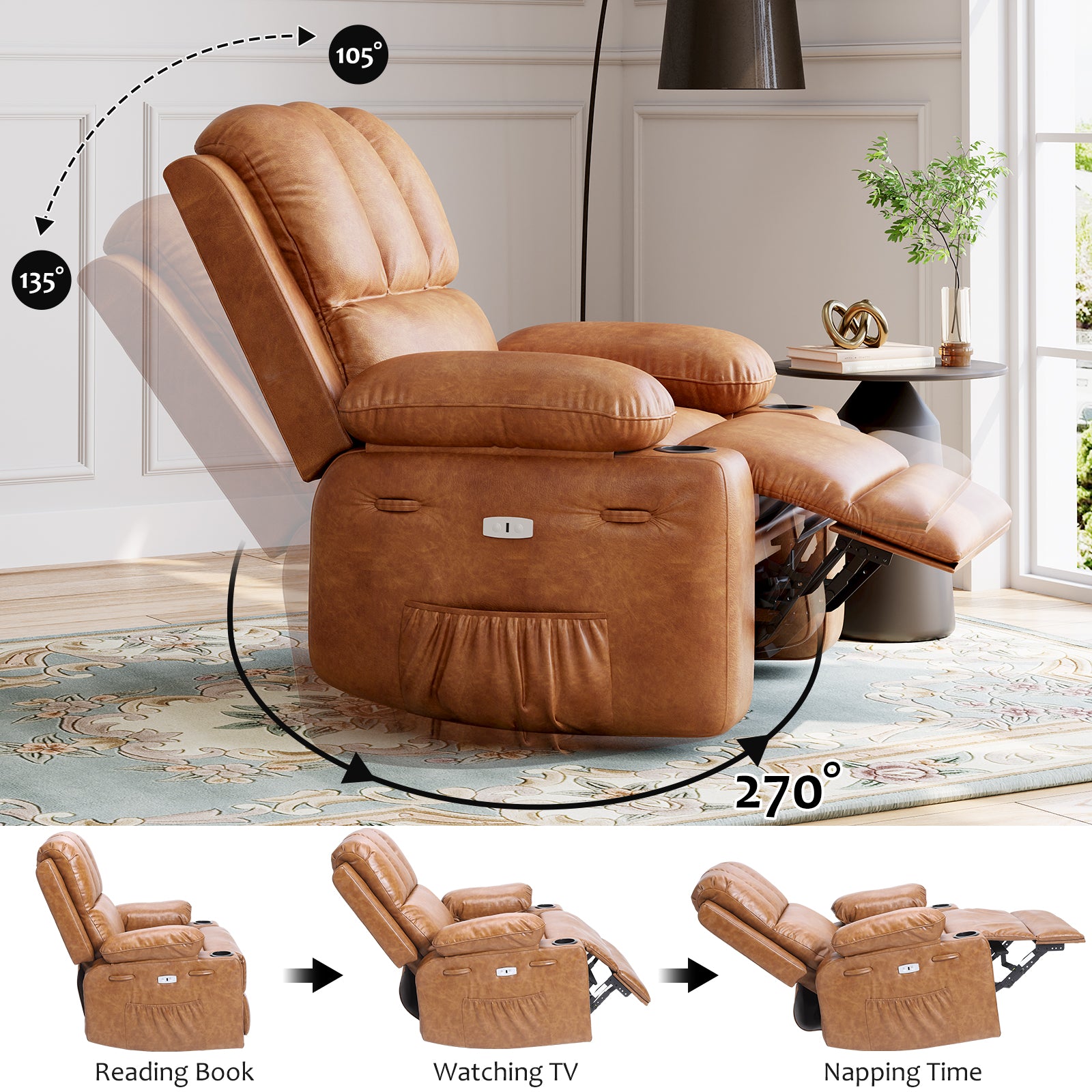 Garvee 27" Width Electric Power Oversized Rocker Swivel Recliner Chair, USB Charger Lazy Boy for Adults, w/ Vibrating Massage and Heating, 1.5x Sponge Filling for Living Room, Bedroom and Nursery