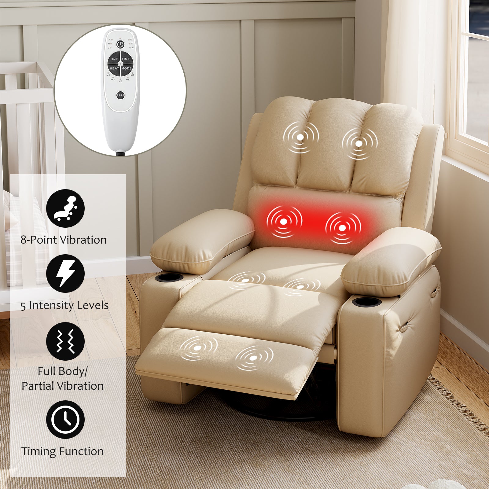 Garvee Manual Recliner Chair Leather Sofa with 2 Cup Holders, Side Pocket, PU Leather, Overstuffed Arms, Iron Frame, Beige - Home Theater & Living Room, Beige