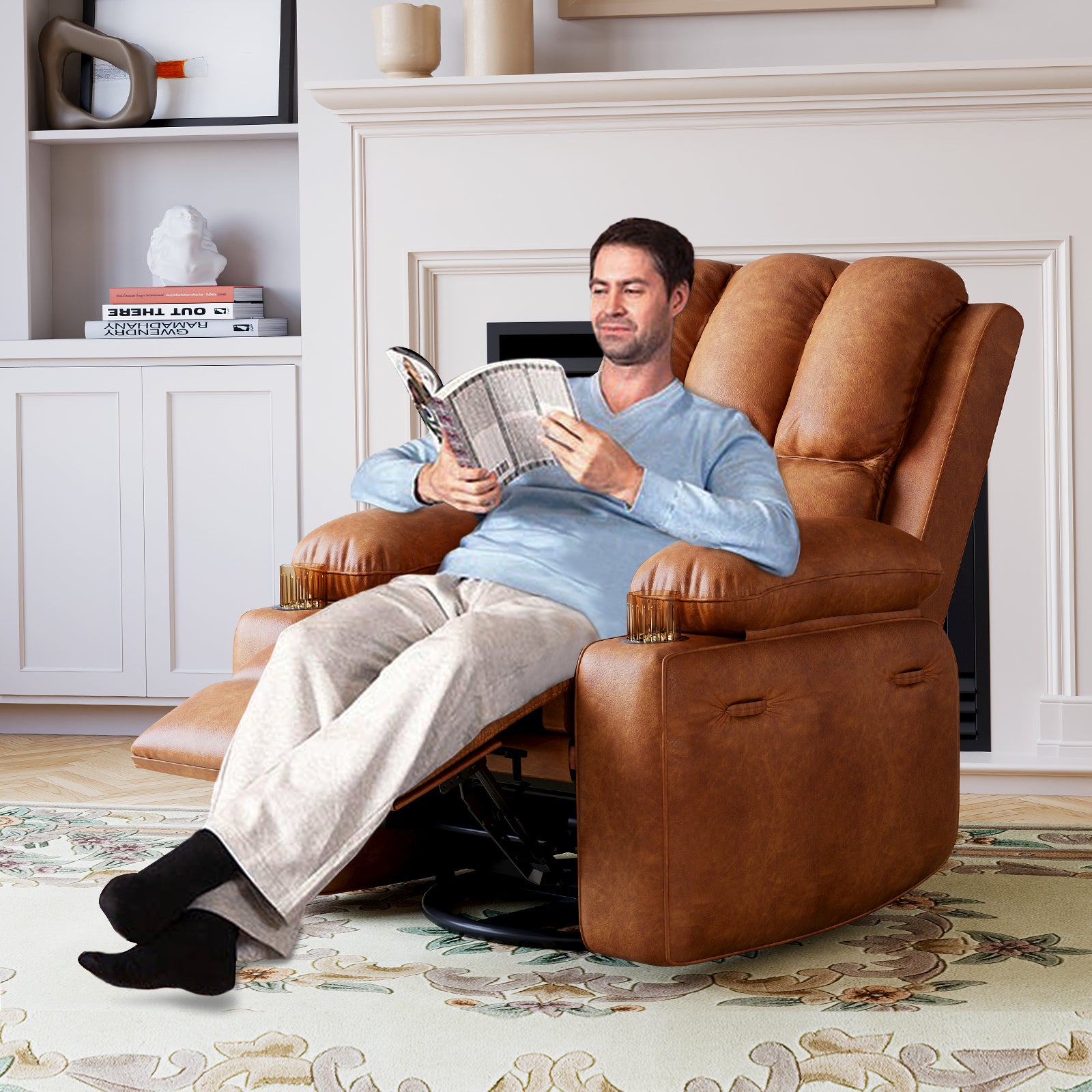 Garvee Manual Leather Recliner Chair with 2 Cup Holders, Side Pocket, PU Leather, Overstuffed Armrests, Iron Frame, Living Room Sofa, Brown