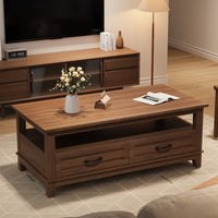 Garvee Coffee Table with Drawers, Farmhouse Center Table with Storage, 47.2" Living Room Table with Open Display Shelf