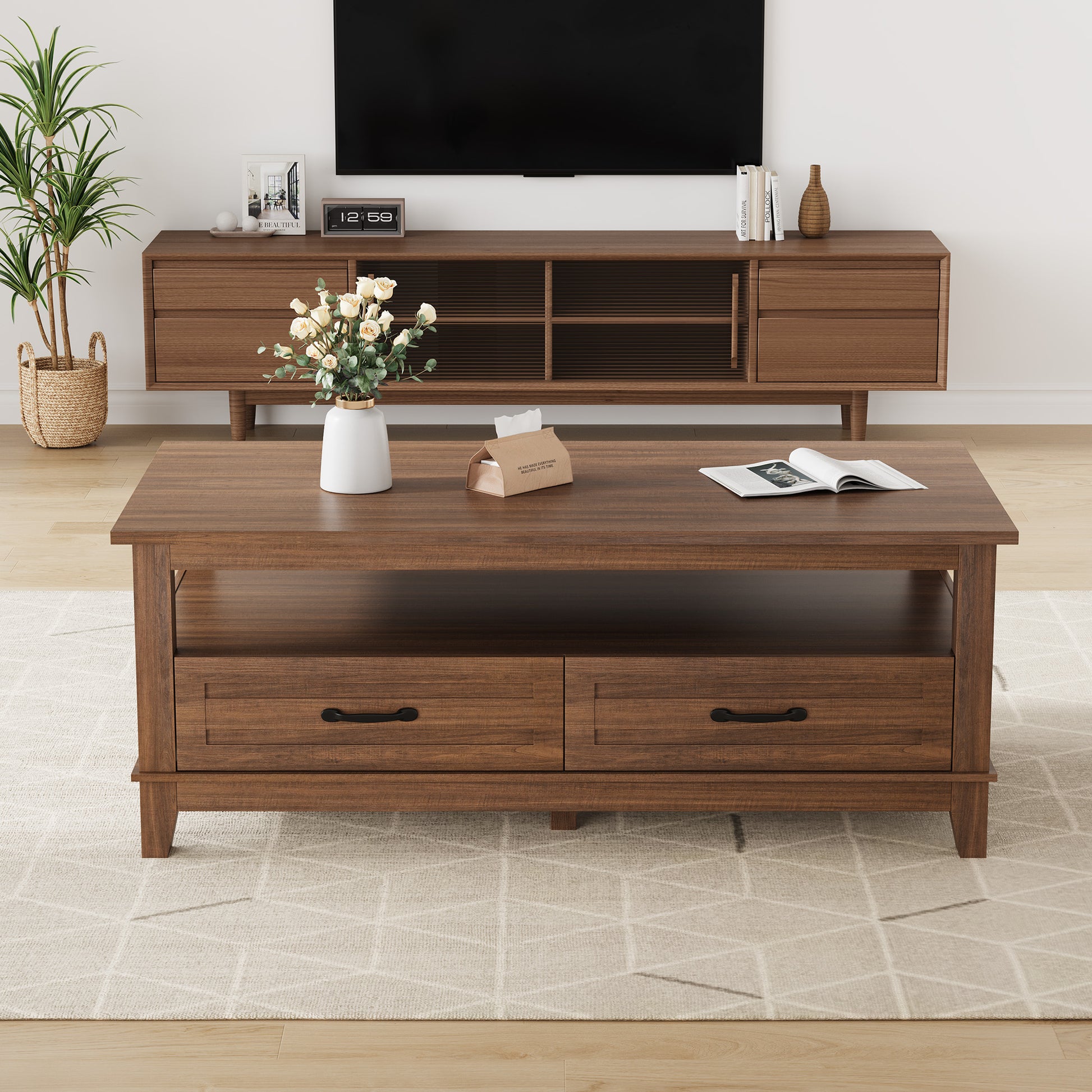 Garvee Coffee Table with Drawers, Farmhouse Center Table with Storage, 47.2" Living Room Table with Open Display Shelf
