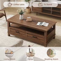 Garvee Coffee Table with Drawers, Farmhouse Center Table with Storage, 47.2" Living Room Table with Open Display Shelf