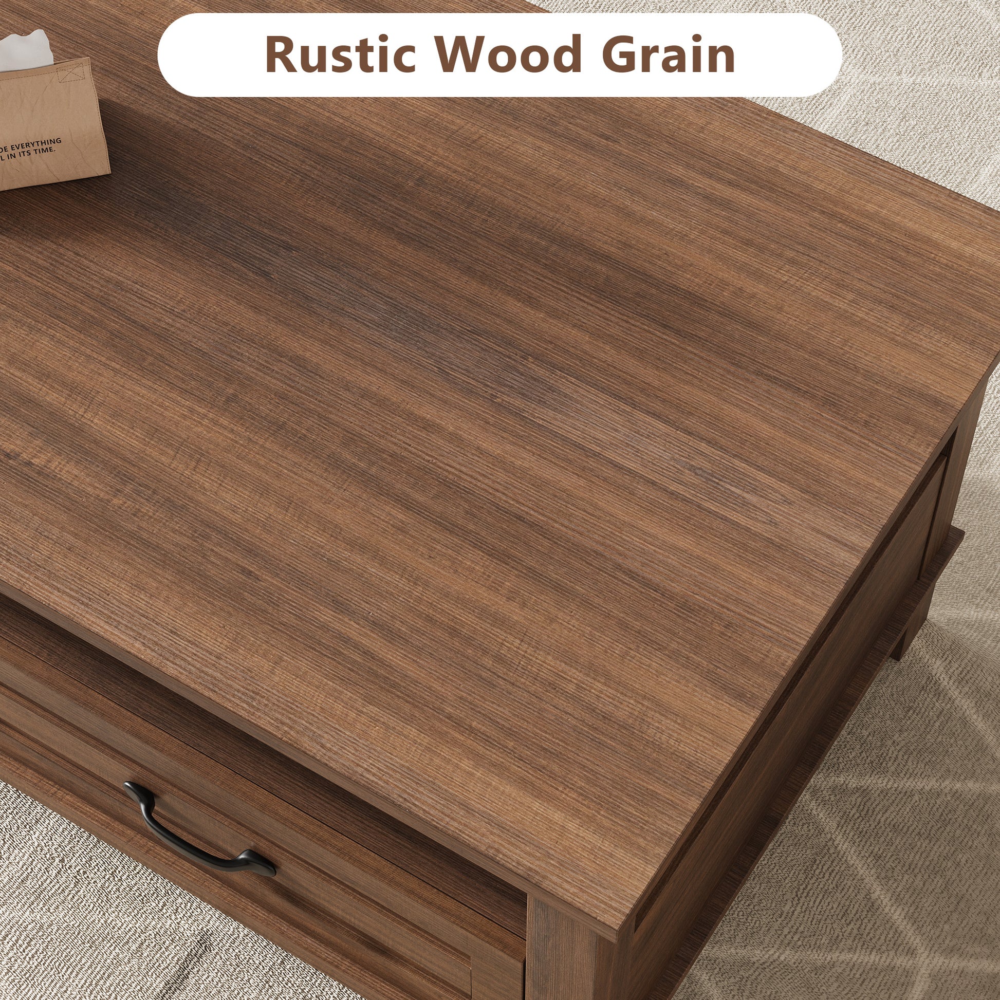 Garvee Coffee Table with Drawers, Farmhouse Center Table with Storage, 47.2" Living Room Table with Open Display Shelf