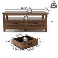 Garvee Coffee Table with Drawers, Farmhouse Center Table with Storage, 47.2" Living Room Table with Open Display Shelf