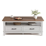Garvee Farmhouse Coffee Table with Drawers, 47.2" Center Table Rustic Coffee Tables White Brown Living Room Table, with Open Shelf and 6 Support Legs - White