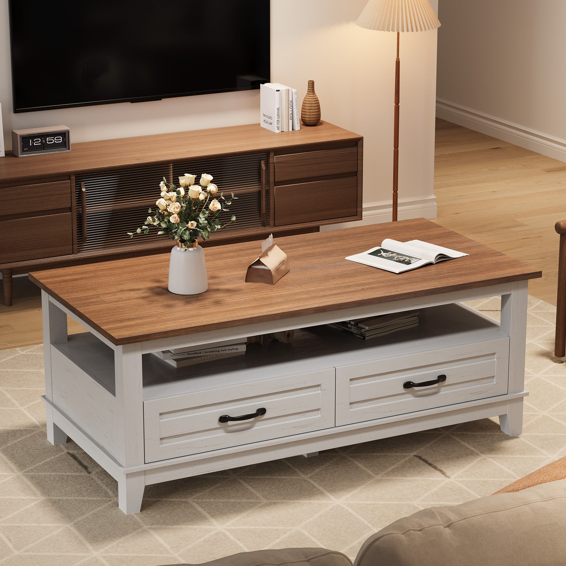 Garvee Farmhouse Coffee Table with Drawers, 47.2" Center Table Rustic Coffee Tables White Brown Living Room Table, with Open Shelf and 6 Support Legs