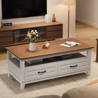 Garvee Farmhouse Coffee Table with Drawers, 47.2" Center Table Rustic Coffee Tables White Brown Living Room Table, with Open Shelf and 6 Support Legs