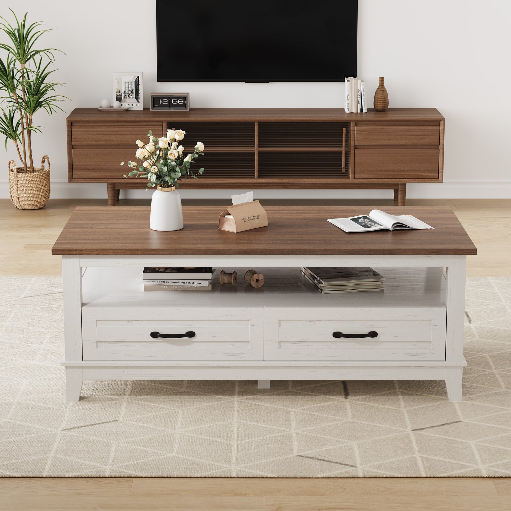 Garvee Farmhouse Coffee Table with Drawers, 47.2" Center Table Rustic Coffee Tables White Brown Living Room Table, with Open Shelf and 6 Support Legs