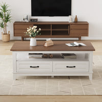 Garvee Farmhouse Coffee Table with Drawers, 47.2" Center Table Rustic Coffee Tables White Brown Living Room Table, with Open Shelf and 6 Support Legs