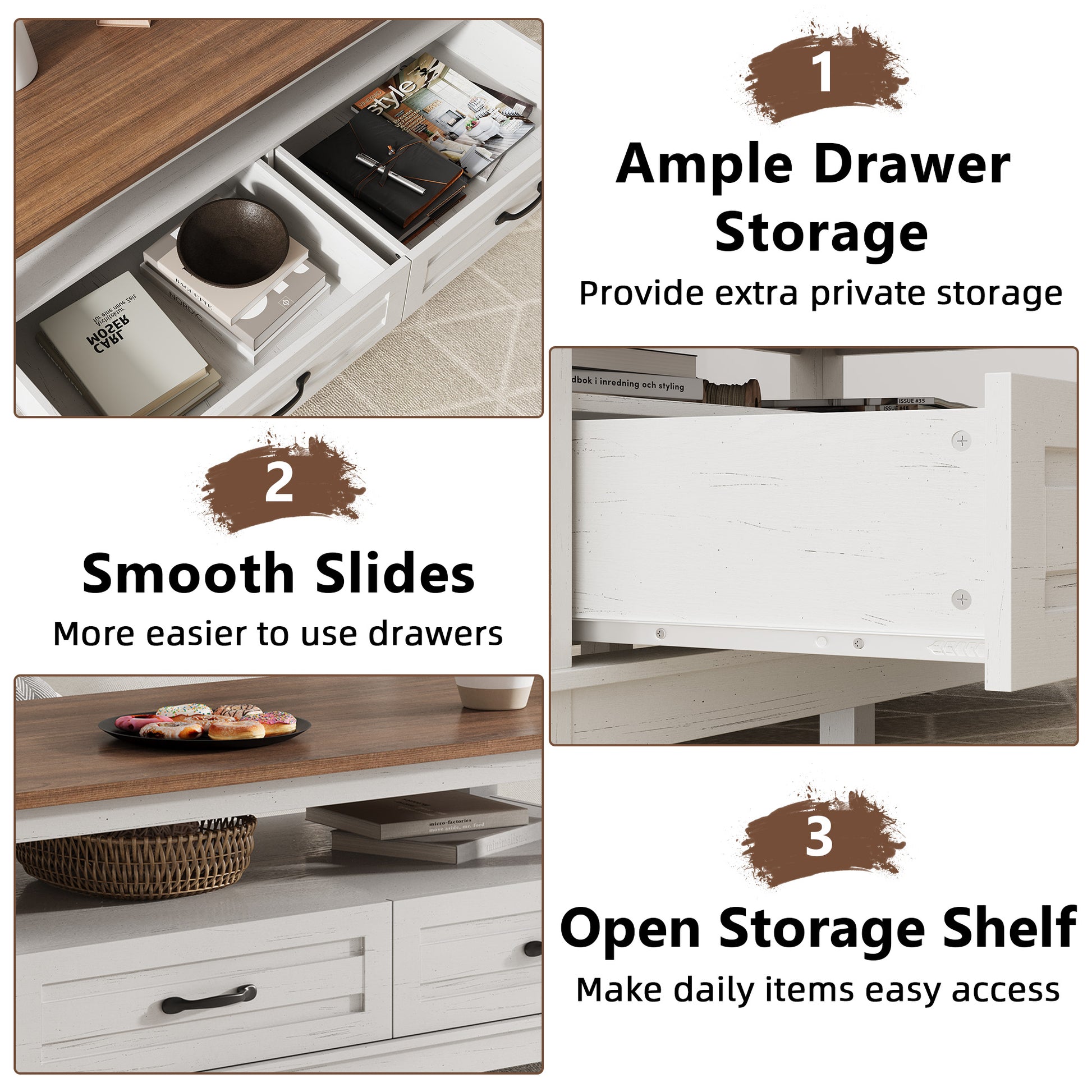 Garvee Farmhouse Coffee Table with Drawers, 47.2" Center Table Rustic Coffee Tables White Brown Living Room Table, with Open Shelf and 6 Support Legs