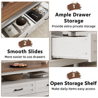 Garvee Farmhouse Coffee Table with Drawers, 47.2" Center Table Rustic Coffee Tables White Brown Living Room Table, with Open Shelf and 6 Support Legs