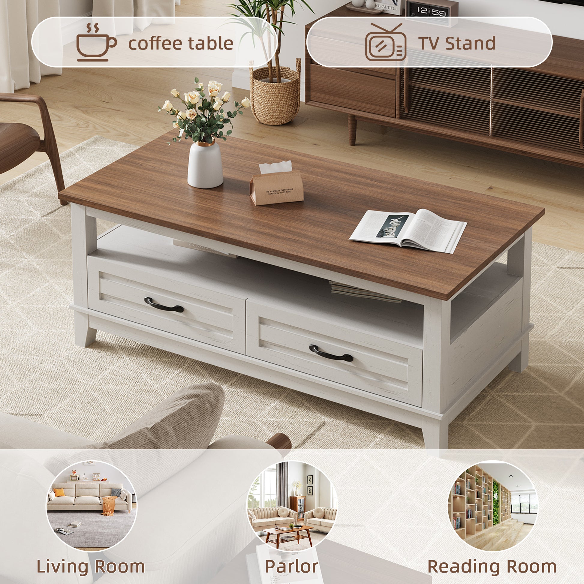 Garvee Farmhouse Coffee Table with Drawers, 47.2" Center Table Rustic Coffee Tables White Brown Living Room Table, with Open Shelf and 6 Support Legs