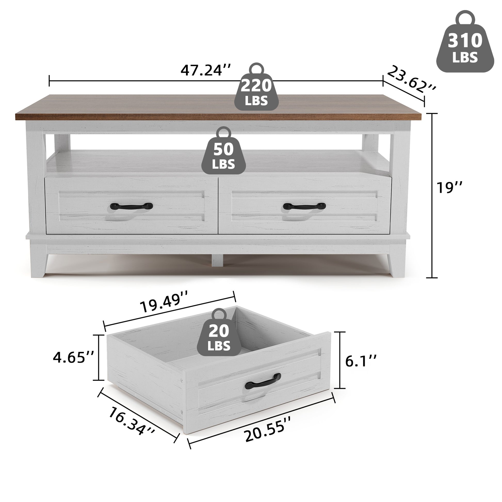 Garvee Farmhouse Coffee Table with Drawers, 47.2" Center Table Rustic Coffee Tables White Brown Living Room Table, with Open Shelf and 6 Support Legs
