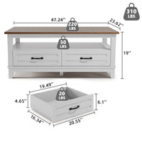 Garvee Farmhouse Coffee Table with Drawers, 47.2" Center Table Rustic Coffee Tables White Brown Living Room Table, with Open Shelf and 6 Support Legs