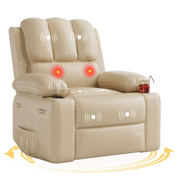 Garvee Oversized 27" Recliner Chairs with Heat and Massage, 360° Swivel Lazy Boy Recliner Chair for Adults, Manual Rocking Chair with Cup Holder for Living Rooms, Bedrooms and Nurseries, Beige