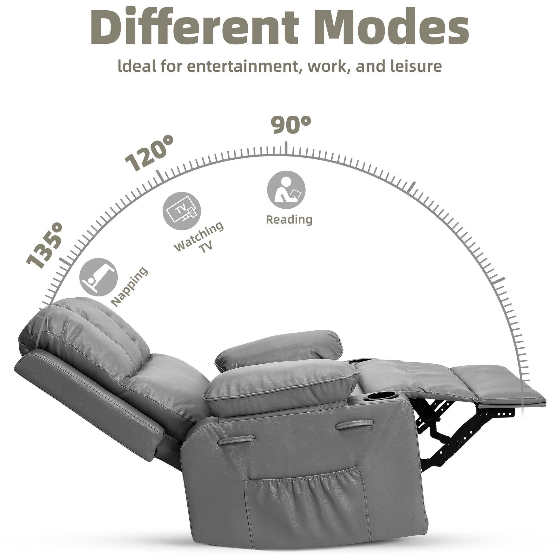 Garvee Oversized Recliner Chair with Heat and Massage, 360° Swivel, Manual Rocking, PU Leather, Cup Holder, for Living Rooms and Nurseries, Gray