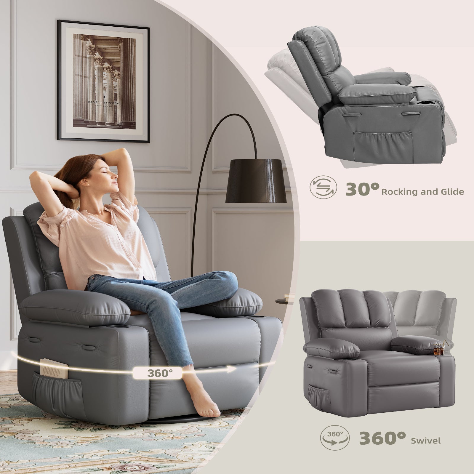 Garvee Oversized Recliner Chair with Heat and Massage, 360° Swivel, Manual Rocking, PU Leather, Cup Holder, for Living Rooms and Nurseries, Gray