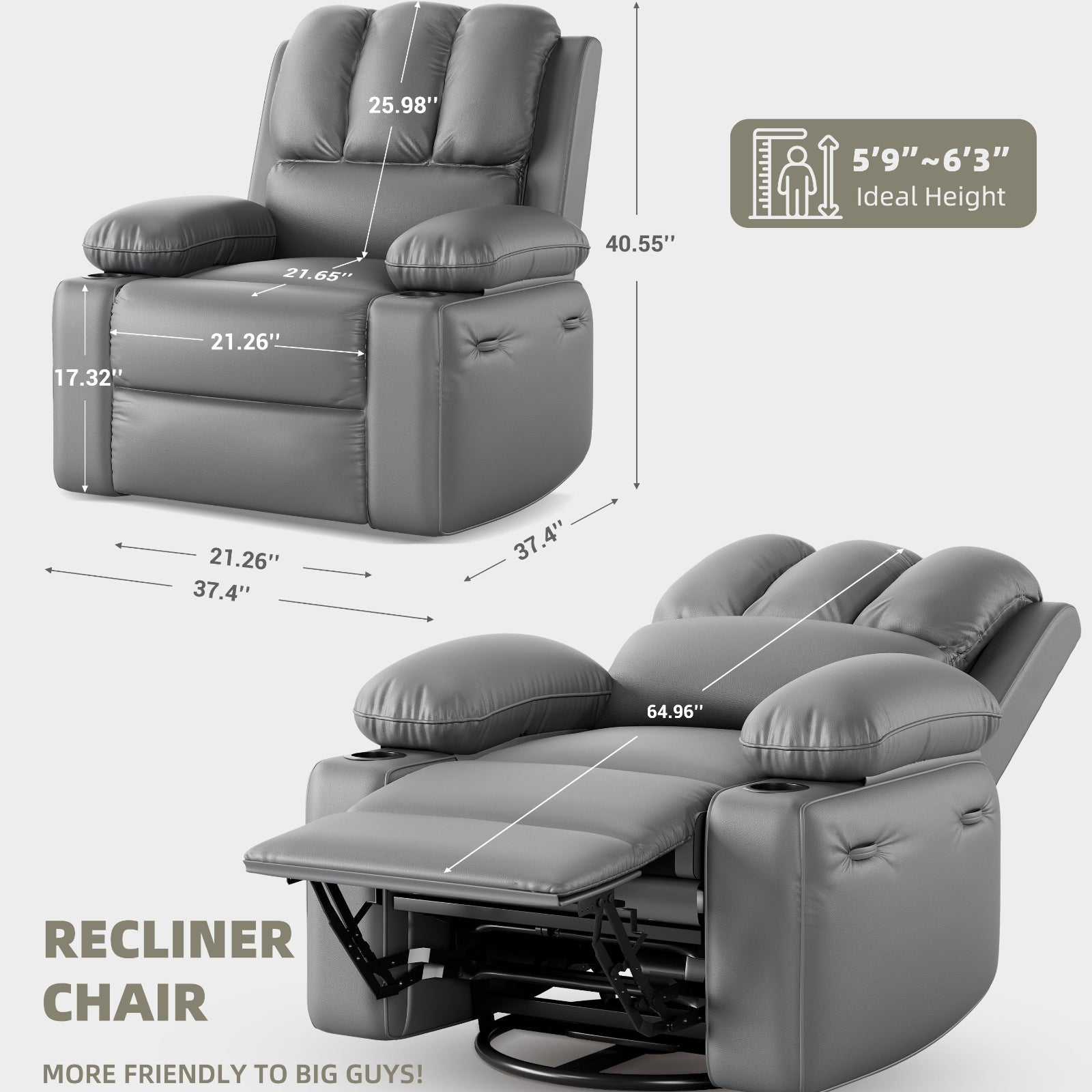 Garvee Oversized Recliner Chair with Heat and Massage, 360° Swivel, Manual Rocking, PU Leather, Cup Holder, for Living Rooms and Nurseries, Gray