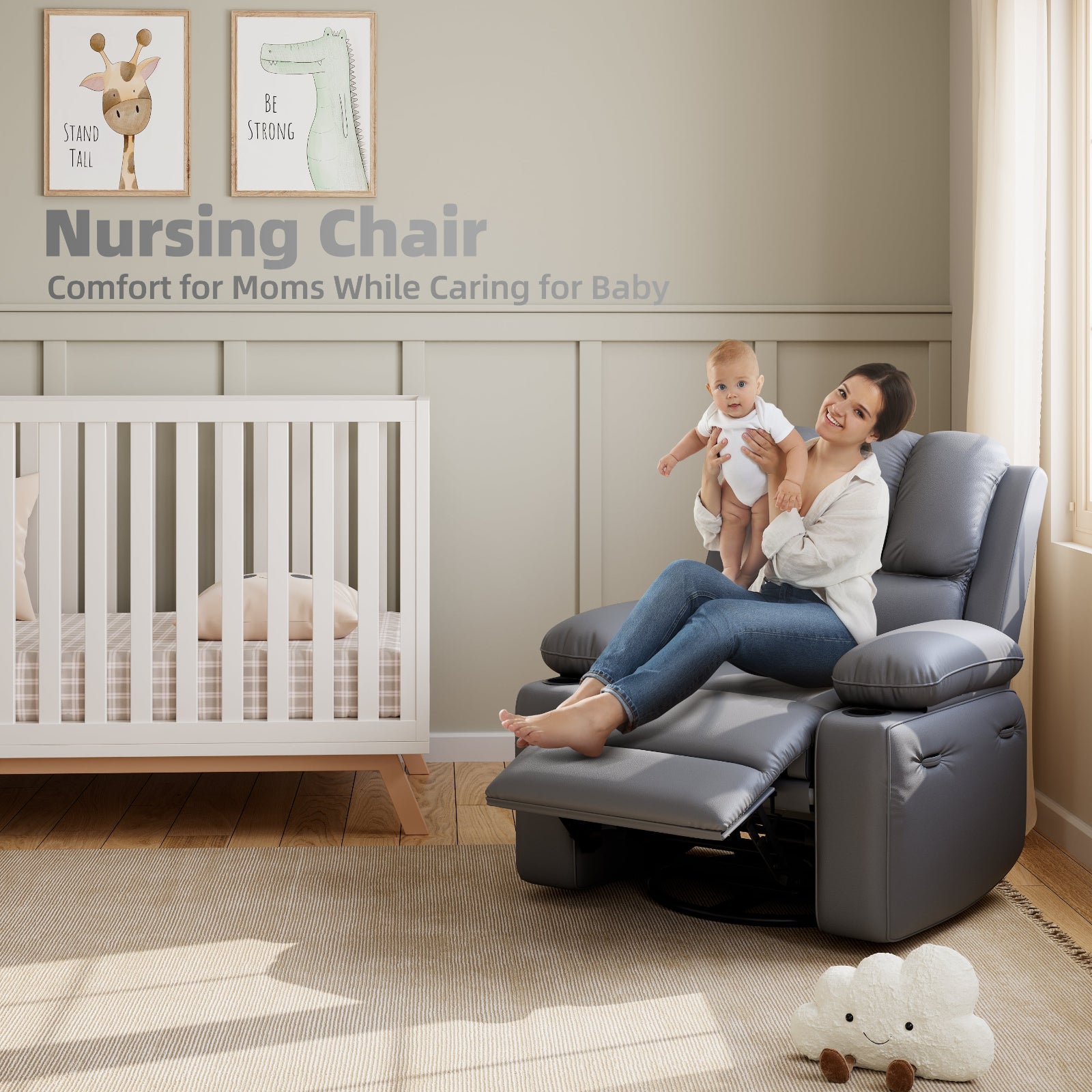 Garvee Oversized Recliner Chair with Heat and Massage, 360° Swivel, Manual Rocking, PU Leather, Cup Holder, for Living Rooms and Nurseries, Gray