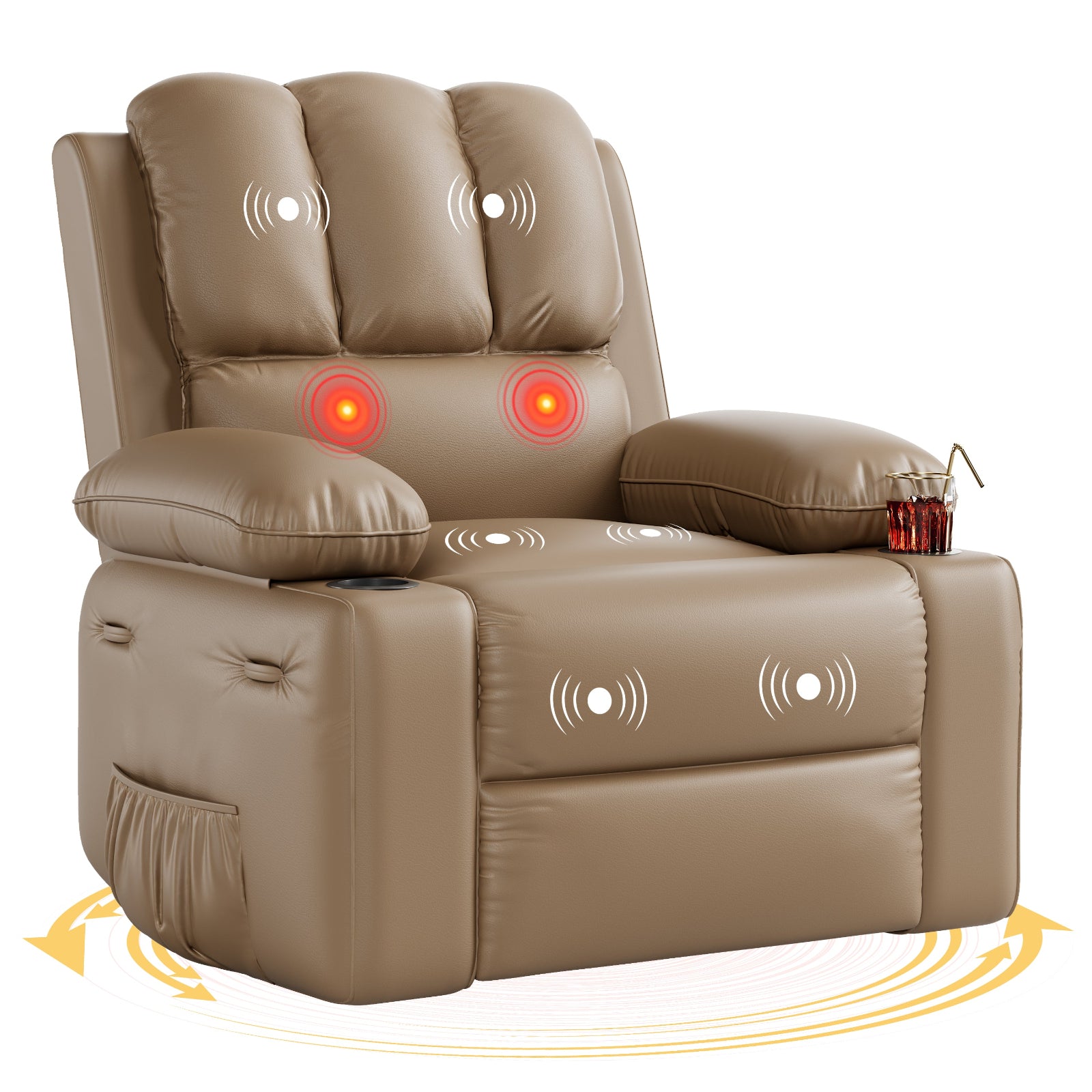 Garvee Recliner Chairs with Heat and Massage, 360° Swivel Lazy Recliner Chair for Elderly, Ergonomic Rocking Chair with Cup Holder for Living Rooms, Bedrooms and Nurseries - Tan