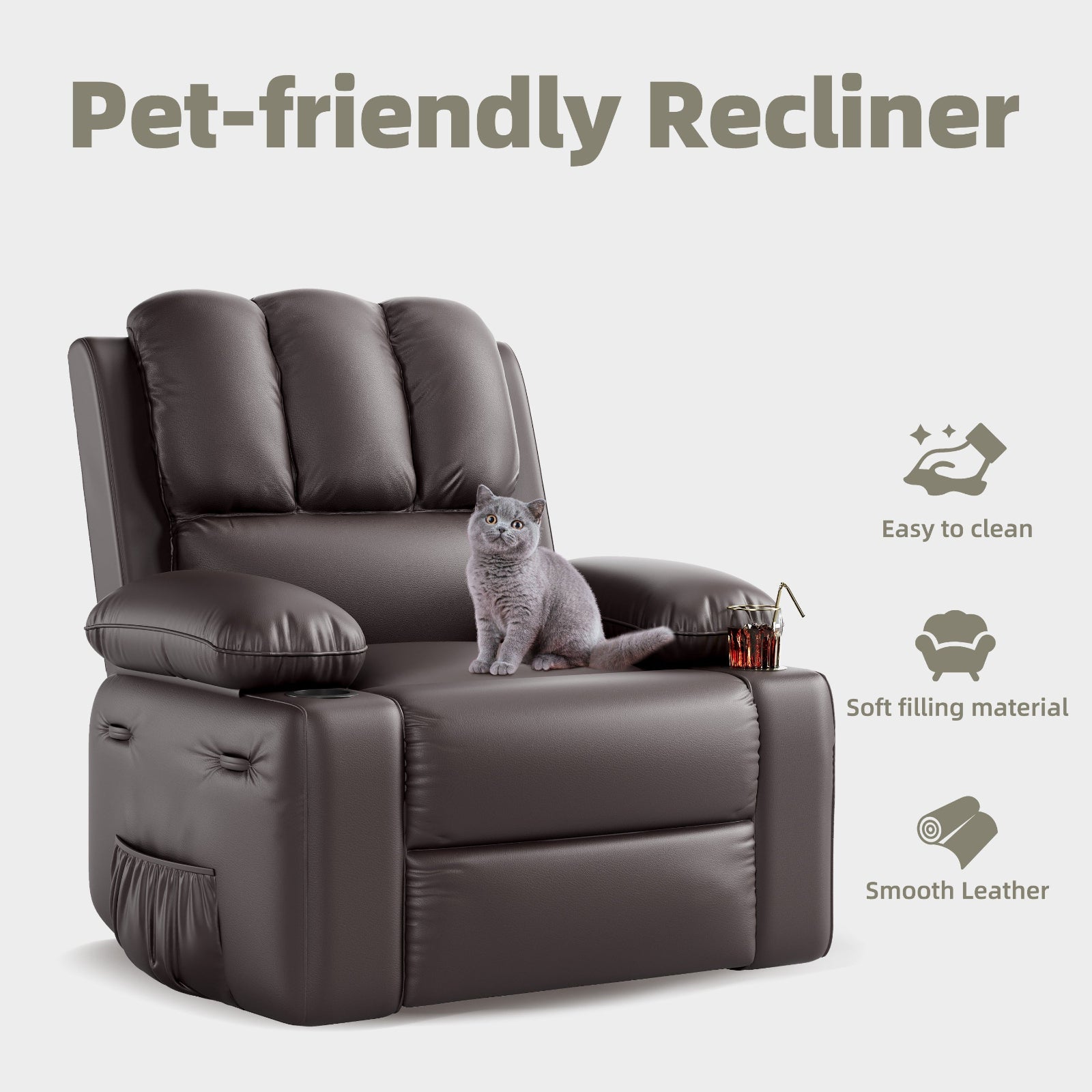 Garvee Oversized Recliner Chairs with Heat and Massage - 360° Swivel Lazy Boy Recliner Chair for Adults- Manual Rocking Chair with Cup Holder for Living Rooms, Bedrooms and Nurseries - Coffee