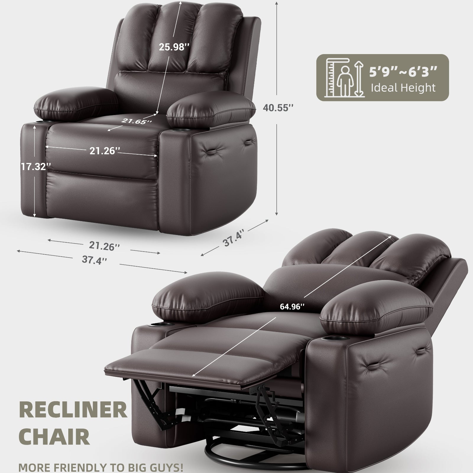 Garvee Oversized Recliner Chairs with Heat and Massage - 360° Swivel Lazy Boy Recliner Chair for Adults- Manual Rocking Chair with Cup Holder for Living Rooms, Bedrooms and Nurseries - Coffee