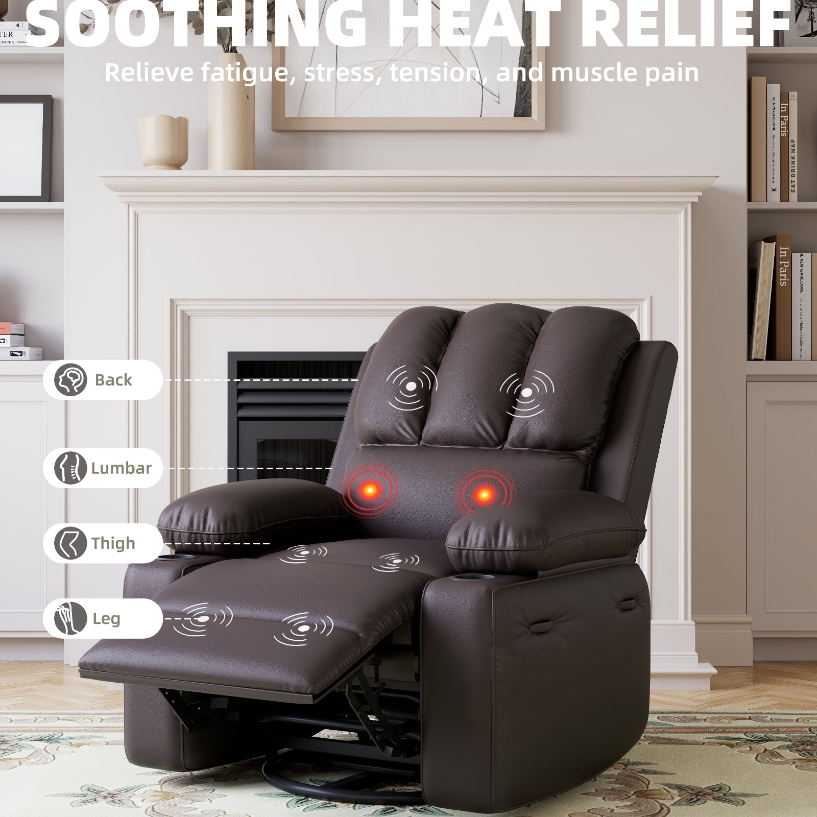 Garvee Oversized Recliner Chairs with Heat and Massage - 360° Swivel Lazy Boy Recliner Chair for Adults- Manual Rocking Chair with Cup Holder for Living Rooms, Bedrooms and Nurseries - Coffee