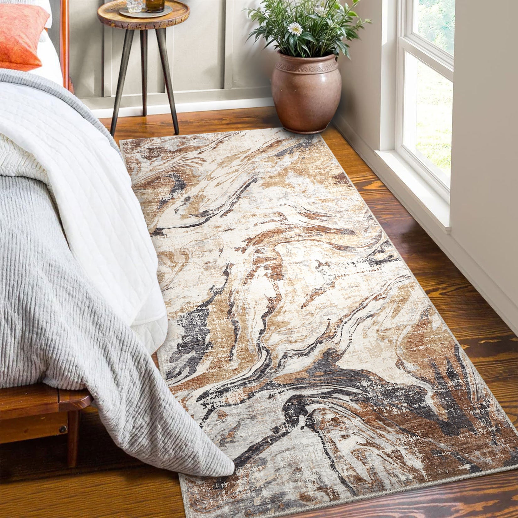 Garvee 2x6 Machine Washable Runner Rug, Non-Slip Floor Carpet, Modern Abstract Bedside Rug, Low Pile Foldable Area Rug, Soft Rug for Entryway, Bathroom, Laundry Room, Brown