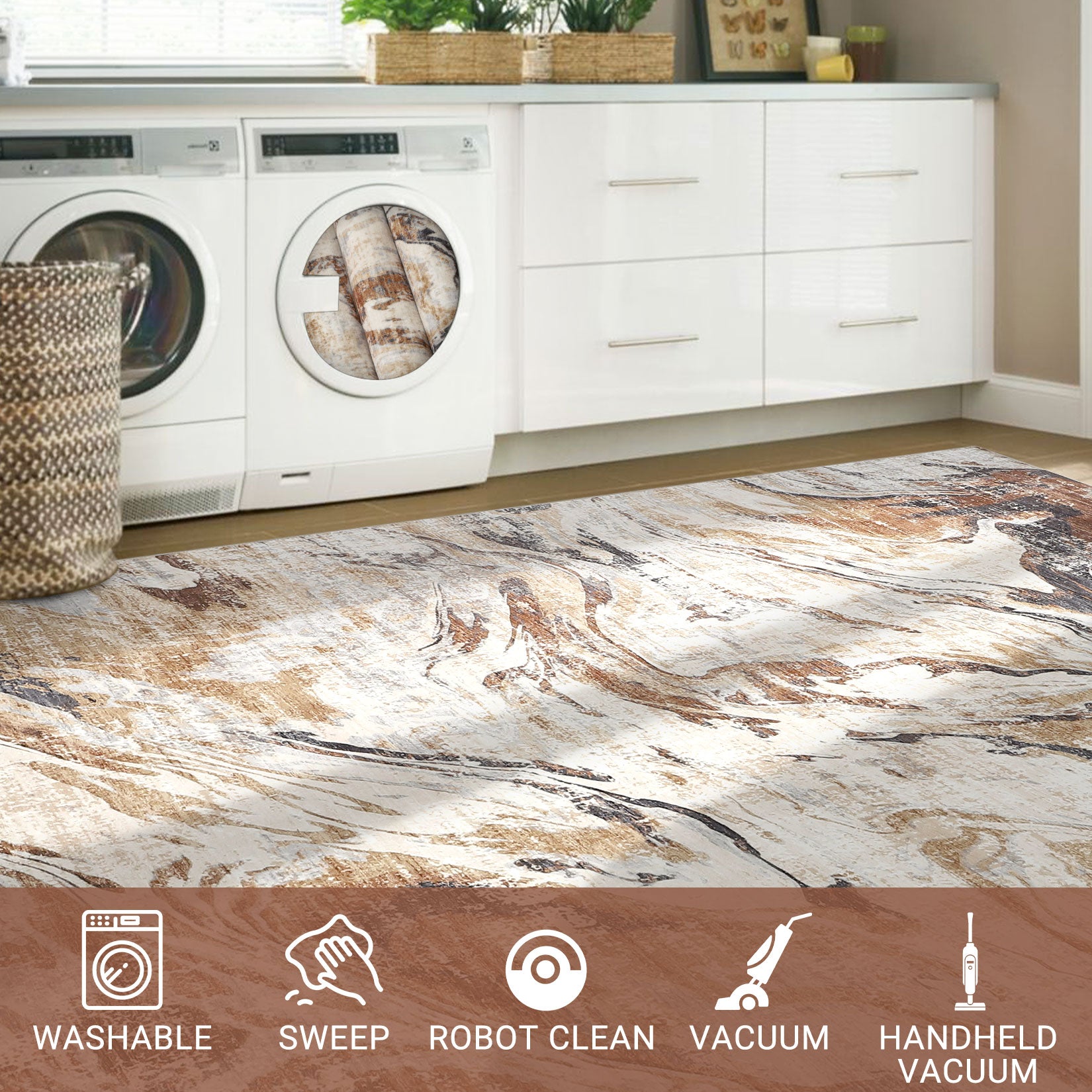 Garvee Area Rug 5x7 Machine Washable Rug for Living Room, Non-Slip Soft Floor Carpet, Low Pile Modern Abstract Rug, Foldable Rug for Bedroom, Dining Room, Kitchen, Brown