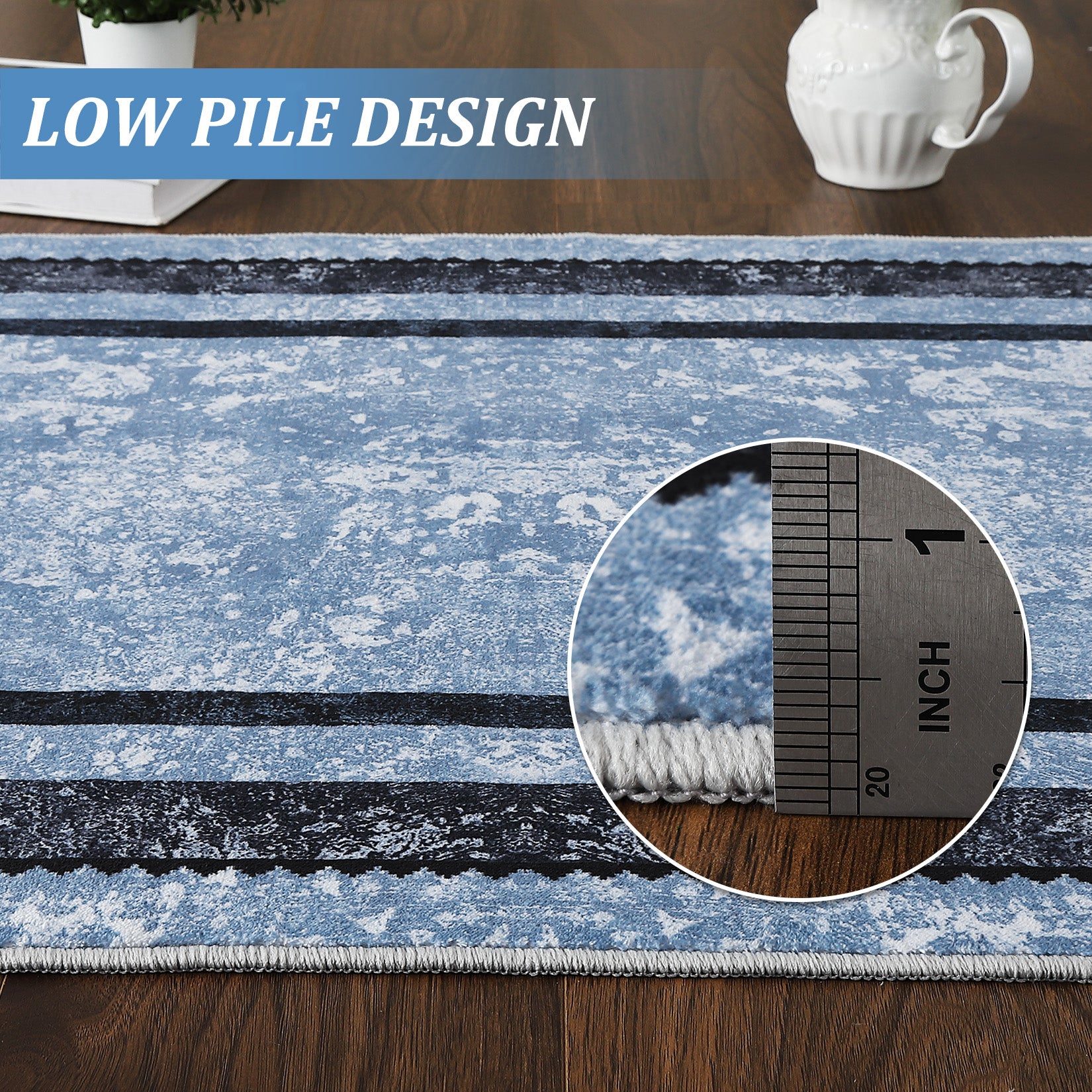 Garvee 10x13 Modern Bordered Area Rug Distressed Blue Rug Non Slip Non Shedding Floor Carpet Soft Low Pile Rug, Large Washable Thin Rug, Foldable Printed Rug for Living Room, Bedroom, Office
