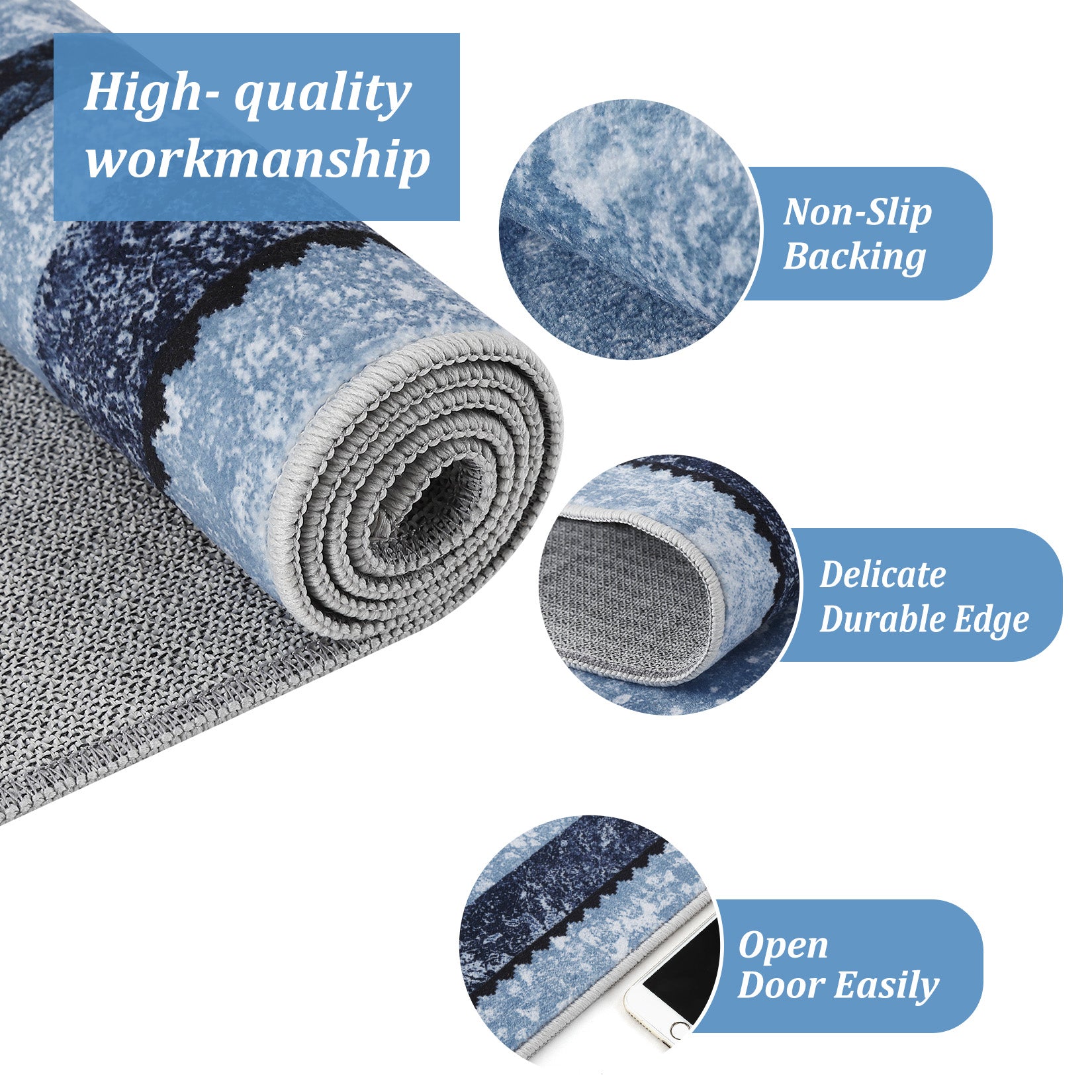 Garvee 10x13 Modern Bordered Area Rug Distressed Blue Rug Non Slip Non Shedding Floor Carpet Soft Low Pile Rug, Large Washable Thin Rug, Foldable Printed Rug for Living Room, Bedroom, Office