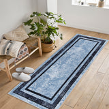 Garvee 2x6 Ft Modern Bordered Runner Rug Distressed Blue Hallway Runner Washable Non Shedding Kitchen Runner Non Slip Non Shedding Floor Carpet Soft Thin Runner Contemporary Geometric Runner Decorative Accent Rug For Entryway Laundry - Blue