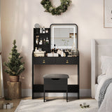 Garvee Small Vanity Desk, Makeup Table with Lighted Mirror and Charging Station, Modern Vanity Table Set with Storage Drawers, Open Shelves and Storage Stool, Ideal for Girls Women, Black - Black