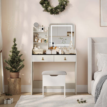 Garvee Small Vanity Desk, Makeup Table with Lighted Mirror and Charging Station, Modern Vanity Table Set with Storage Drawers, Open Shelves and Storage Stool, Ideal for Girls Women, Cream White