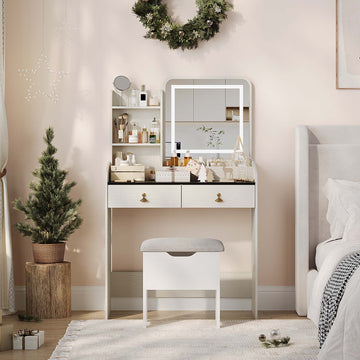 Garvee Small Vanity Desk, Makeup Table with Lighted Mirror and Charging Station, Modern Vanity Table Set with Storage Drawers, Open Shelves and Storage Stool, Ideal for Girls Women, Cream White