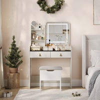 Garvee Small Vanity Desk, Makeup Table with Lighted Mirror and Charging Station, Modern Vanity Table Set with Storage Drawers, Open Shelves and Storage Stool, Ideal for Girls Women, Cream White