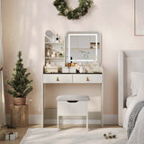 Garvee Small Vanity Desk, Makeup Table with Lighted Mirror and Charging Station, Modern Vanity Table Set with Storage Drawers, Open Shelves and Storage Stool, Ideal for Girls Women, Grey - Gray