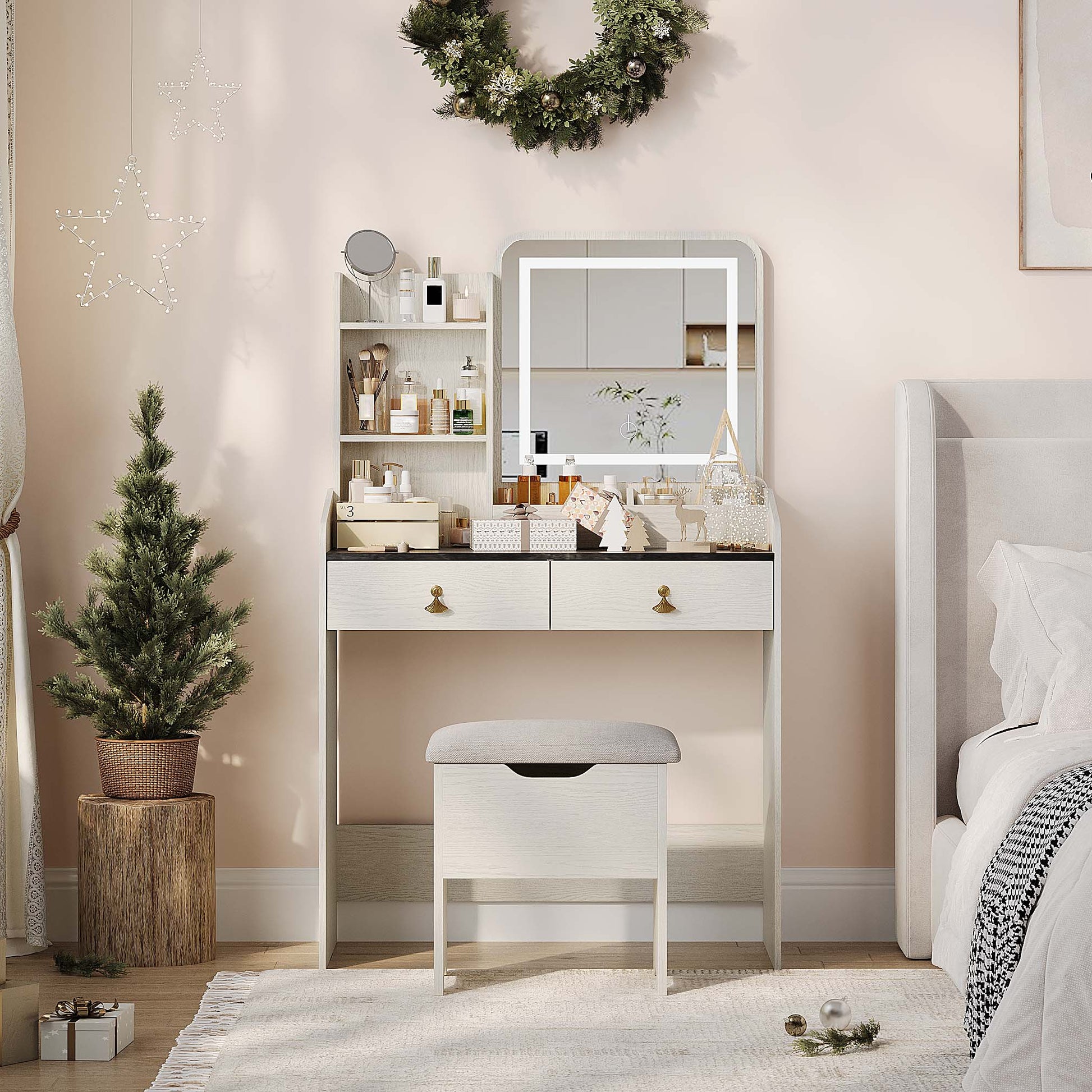 Garvee Small Vanity Desk, Makeup Table with Lighted Mirror and Charging Station, Modern Vanity Table Set with Storage Drawers, Open Shelves and Storage Stool, Ideal for Girls Women, Grey
