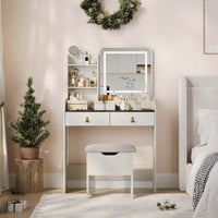 Garvee Small Vanity Desk, Makeup Table with Lighted Mirror and Charging Station, Modern Vanity Table Set with Storage Drawers, Open Shelves and Storage Stool, Ideal for Girls Women, Grey