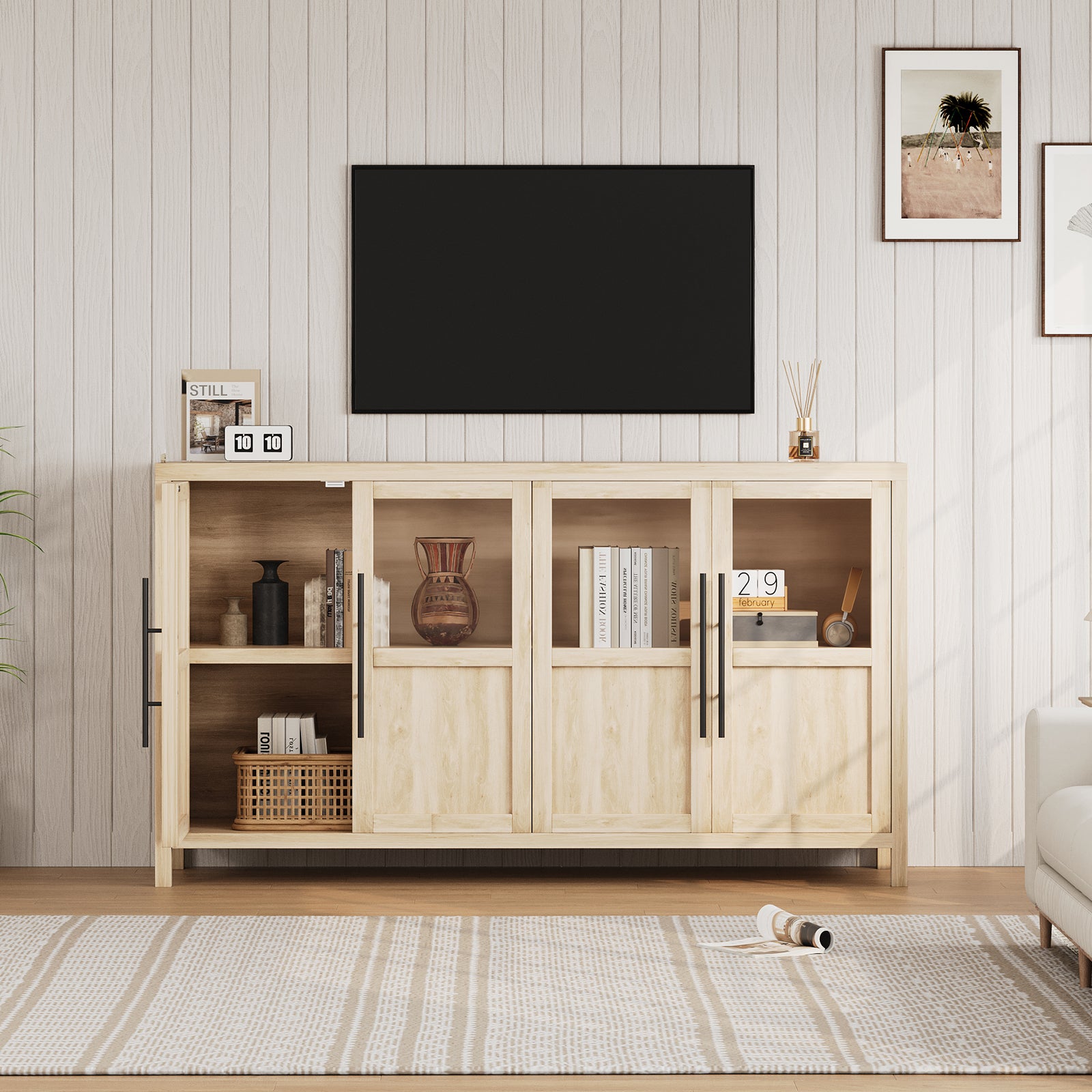 Garvee Sideboard Buffet Cabinet with 4 Glass Doors, 55" Large Buffet Cabinet with Storage, Modern Farmhouse Storage Cabinet Table for Kitchen Dining Room, Living Room, Natural