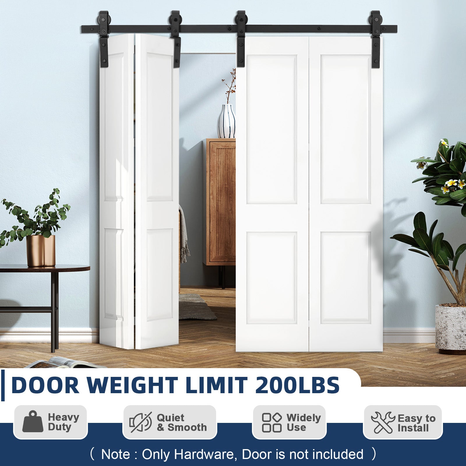 Garvee 60 in Bifold Sliding Barn Door Hardware Track Kit, Side Mounted Black Roller, Smoothly and Quietly, Easy Install, Heavy Duty, Up to 400 LBS, Bifold Door Hardware for 4 Doors (Door Not Included)