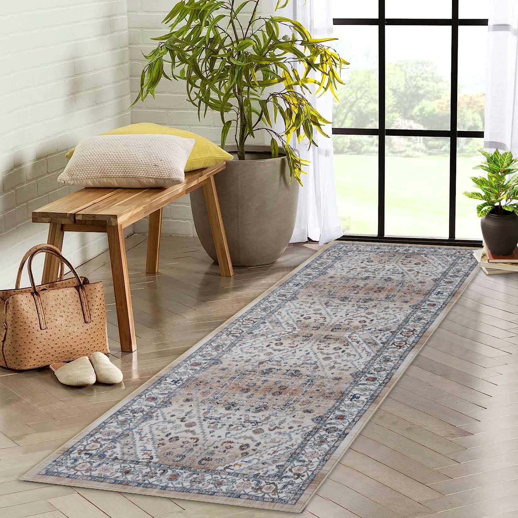 Garvee Persian Light Brown 2x6 Runner Rugs Vintage Hallway Area Rug Print Distressed Kitchen Indoor Bedroom Rug Washable Living Room Retro Rug for Dining Room