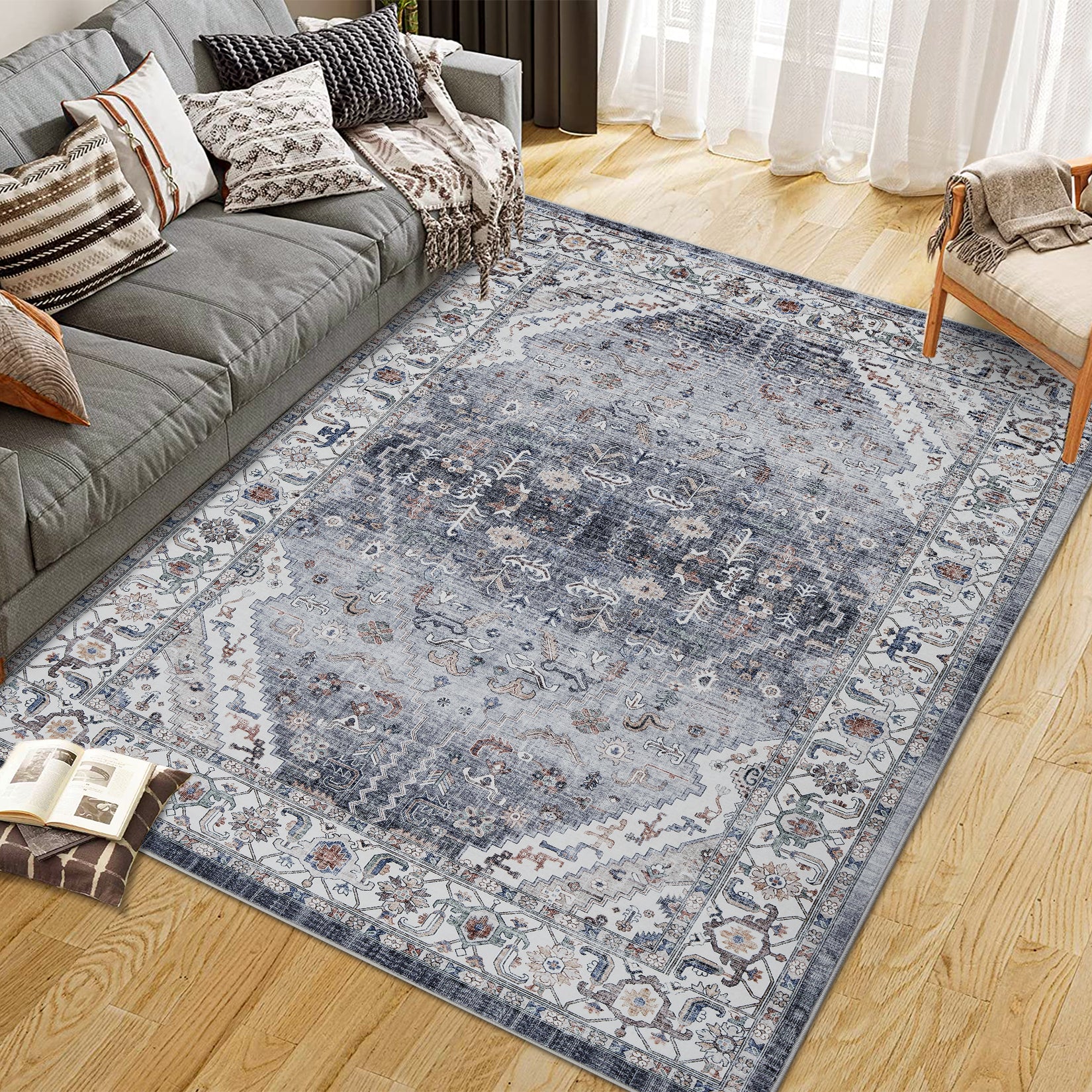 Garvee Persian Grey 5x7 Area Rugs for Living Room Print Distressed Indoor Floor Rug Washable Rug Non Slip Vintage Rug for Bedroom Dining Room