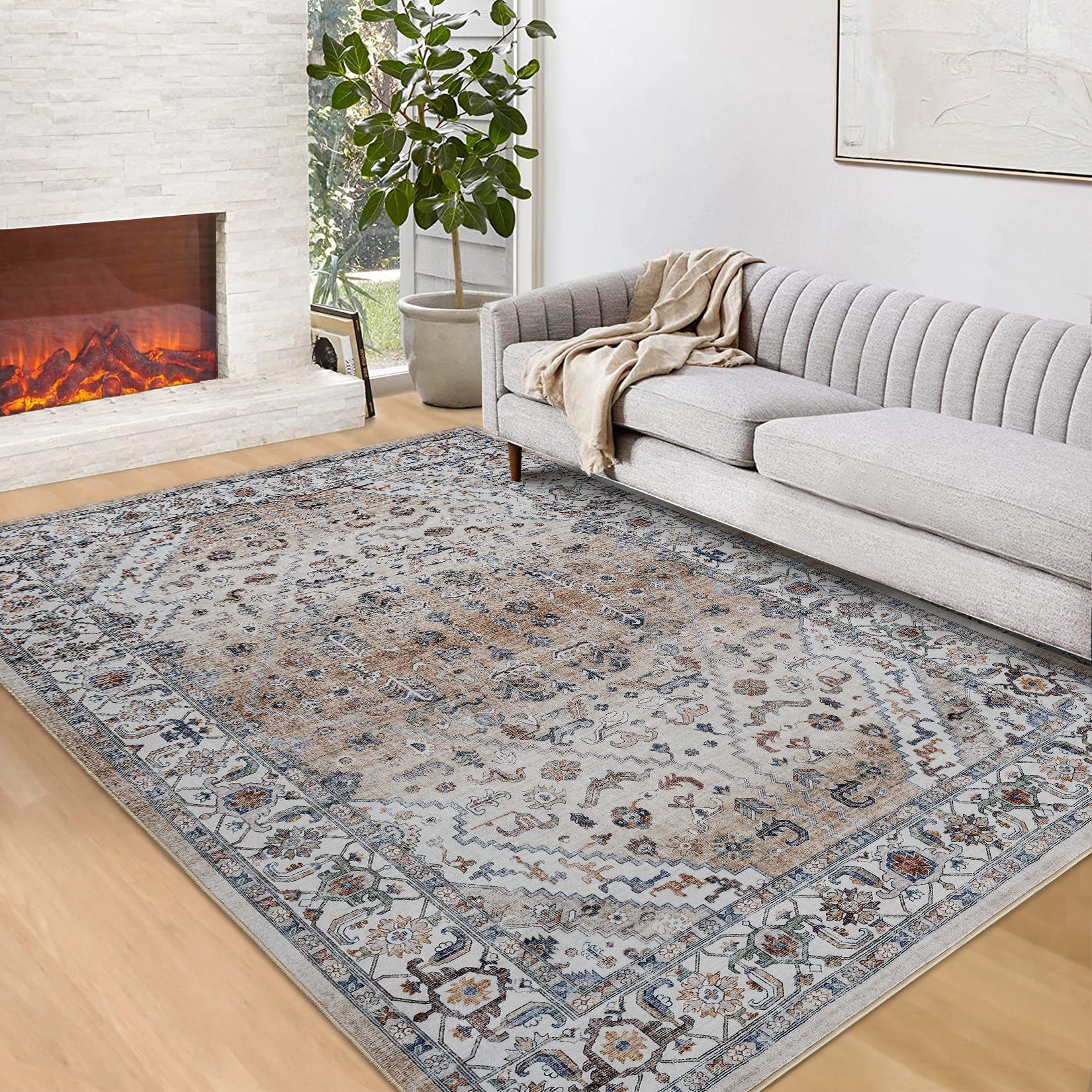 Garvee Persian Light Brown 5x7 Area Rugs for Living Room Print Distressed Indoor Floor Rug Washable Rug Non Slip Vintage Rug for Bedroom Dining Room