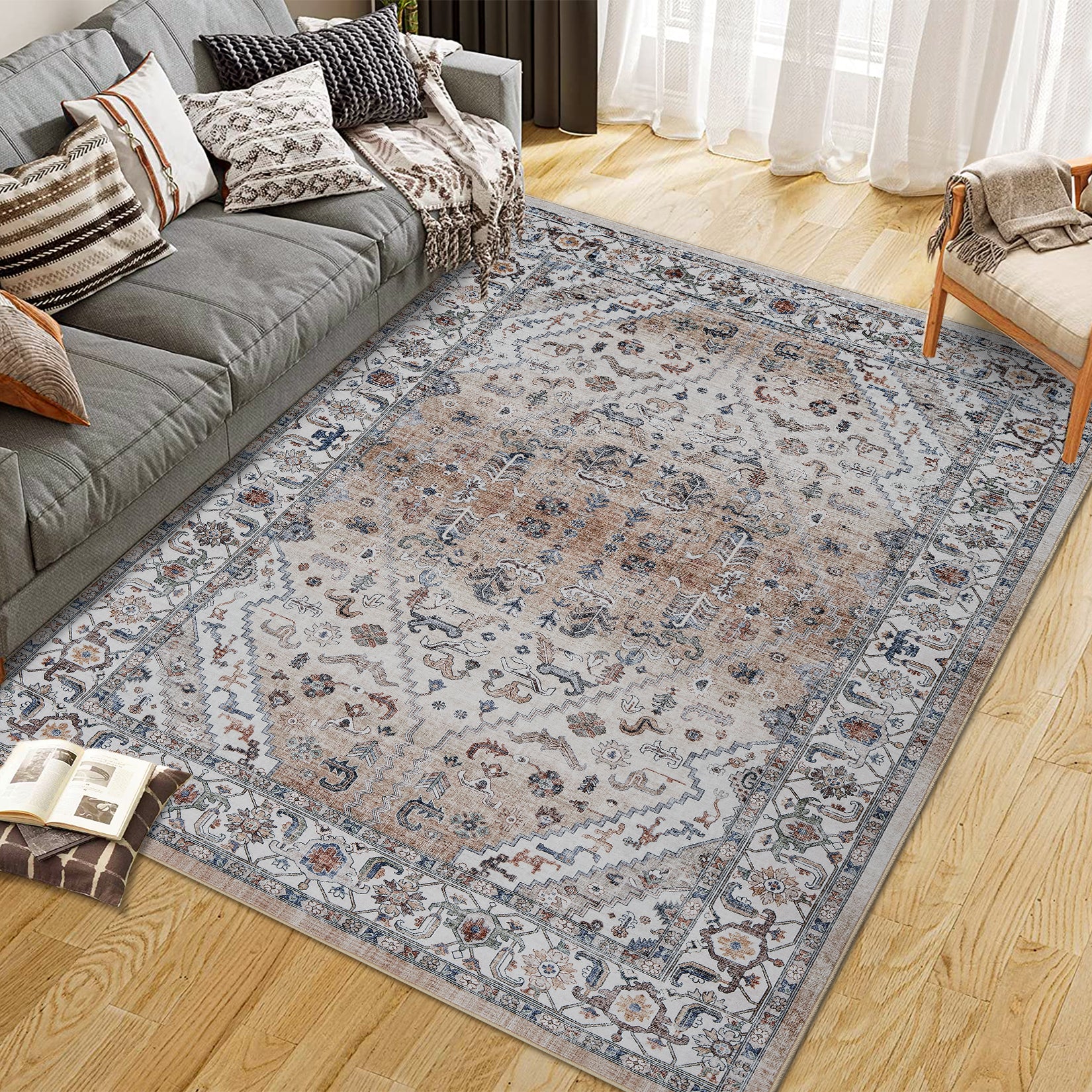 Garvee Persian Light Brown 5x7 Area Rugs for Living Room Print Distressed Indoor Floor Rug Washable Rug Non Slip Vintage Rug for Bedroom Dining Room