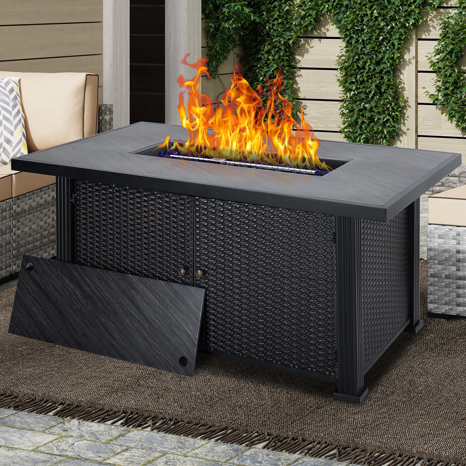 Garvee 52" 2-in-1 Propane Fire Pit Table - 50,000 BTU Outdoor Gas Fire Pit with Waterproof Cover, Tabletop & Separate Storage for Patio