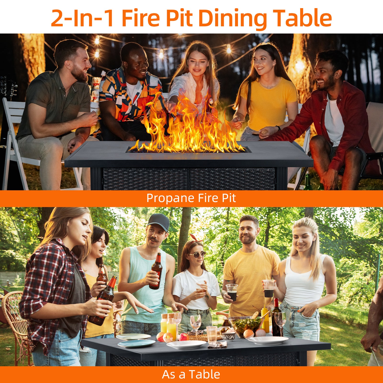 Garvee 52" 2-in-1 Propane Fire Pit Table - 50,000 BTU Outdoor Gas Fire Pit with Waterproof Cover, Tabletop & Separate Storage for Patio